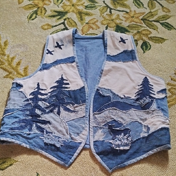 Unisex Triple Denim Vintage Large Nature Wilderness Homemade Patchwork Vest - Picture 2 of 5